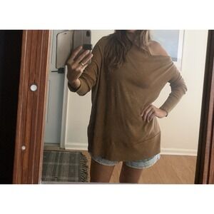 We The Free Off One Shoulder Top Sz S Oversized Brown Long Sleeve 100% Cotton
